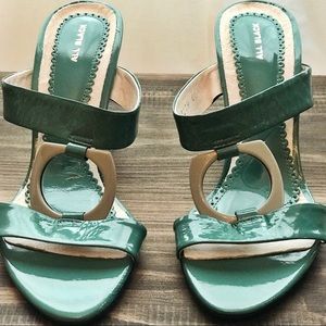 ALL BLACK circle taupe open toe heels